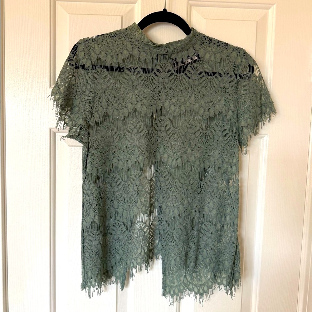 Sage Green Asymmetrical Lace Blouse with Mandarin Collar